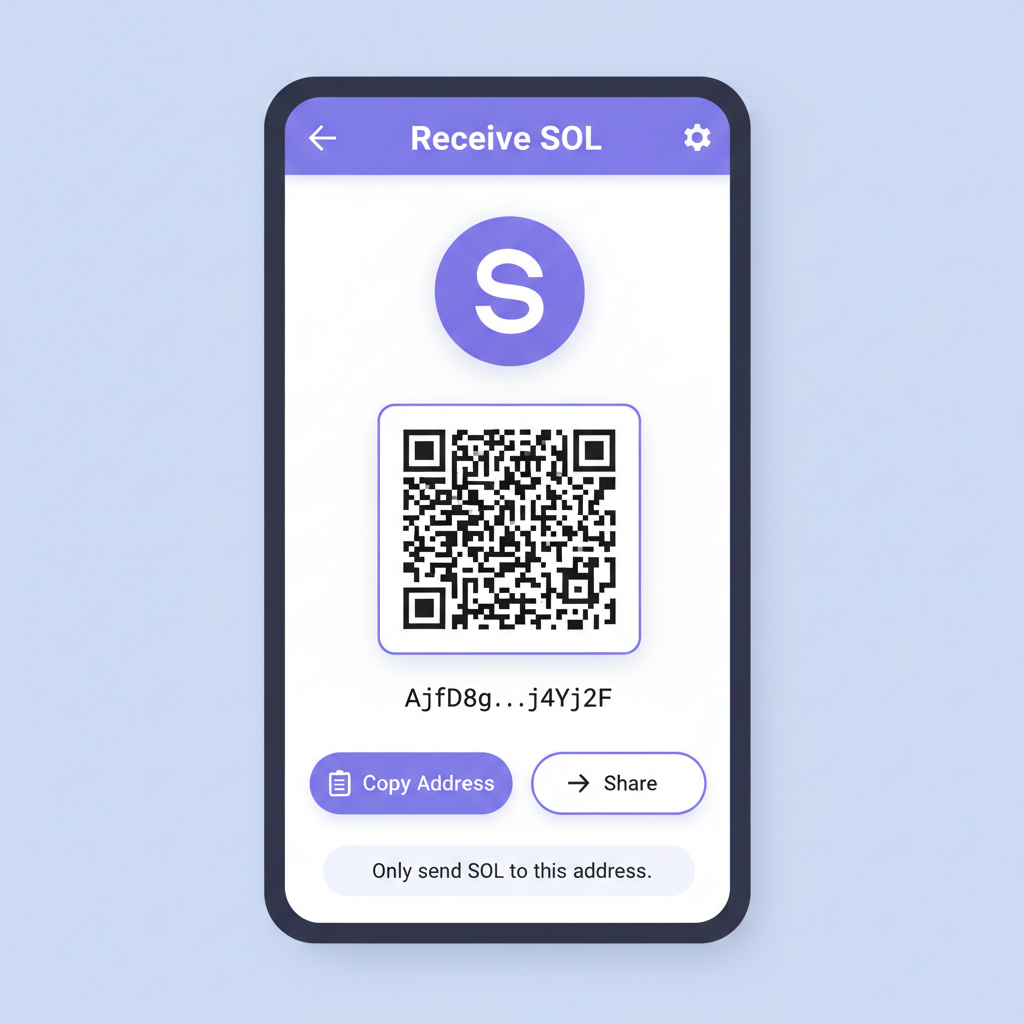 Phantom wallet receive SOL screen with QR code and address, Solana logo