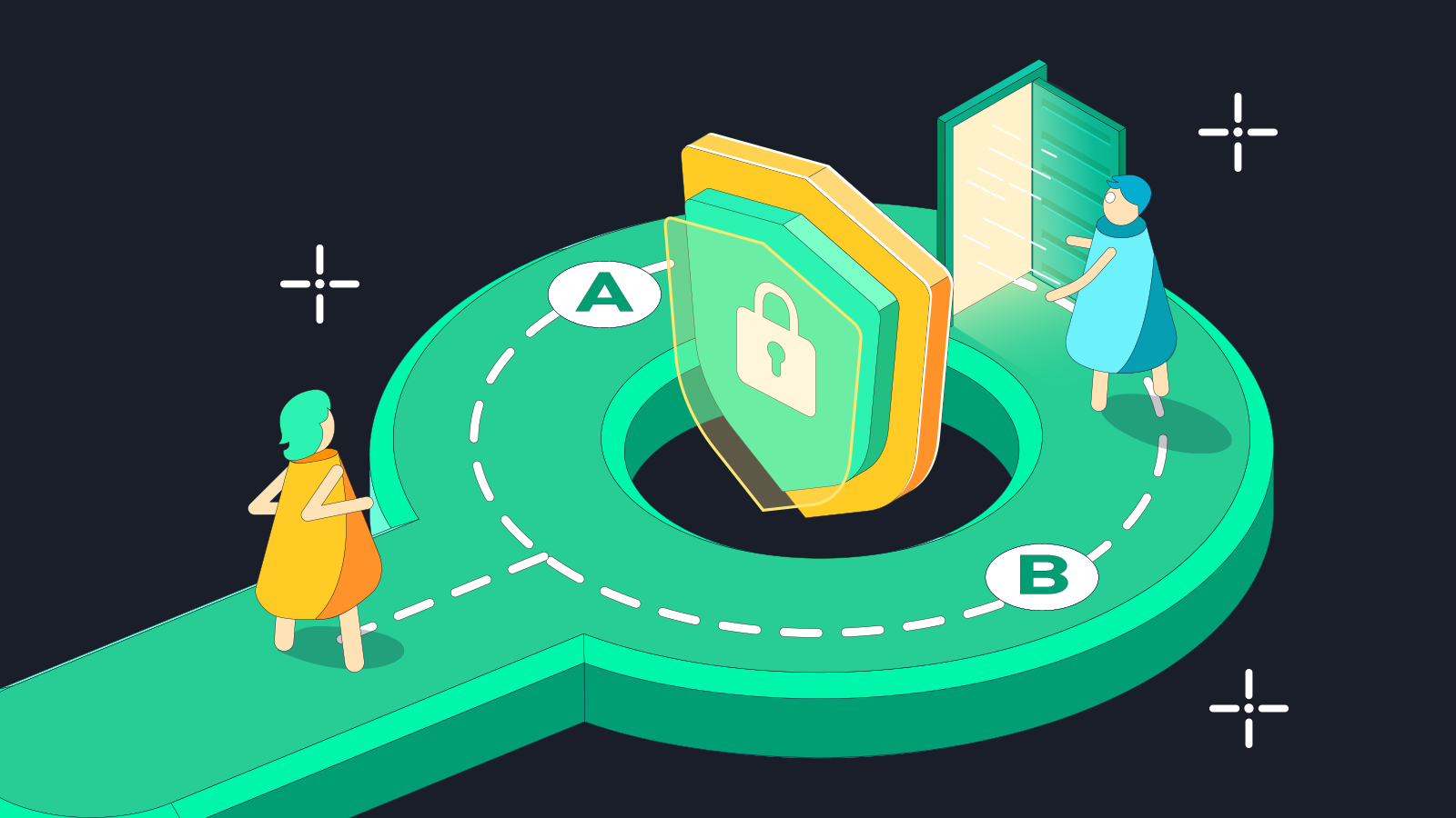 Illustration of a user interacting with a decentralized identity wallet secured by zero-knowledge proofs, symbolizing privacy and selective data disclosure in blockchain technology.