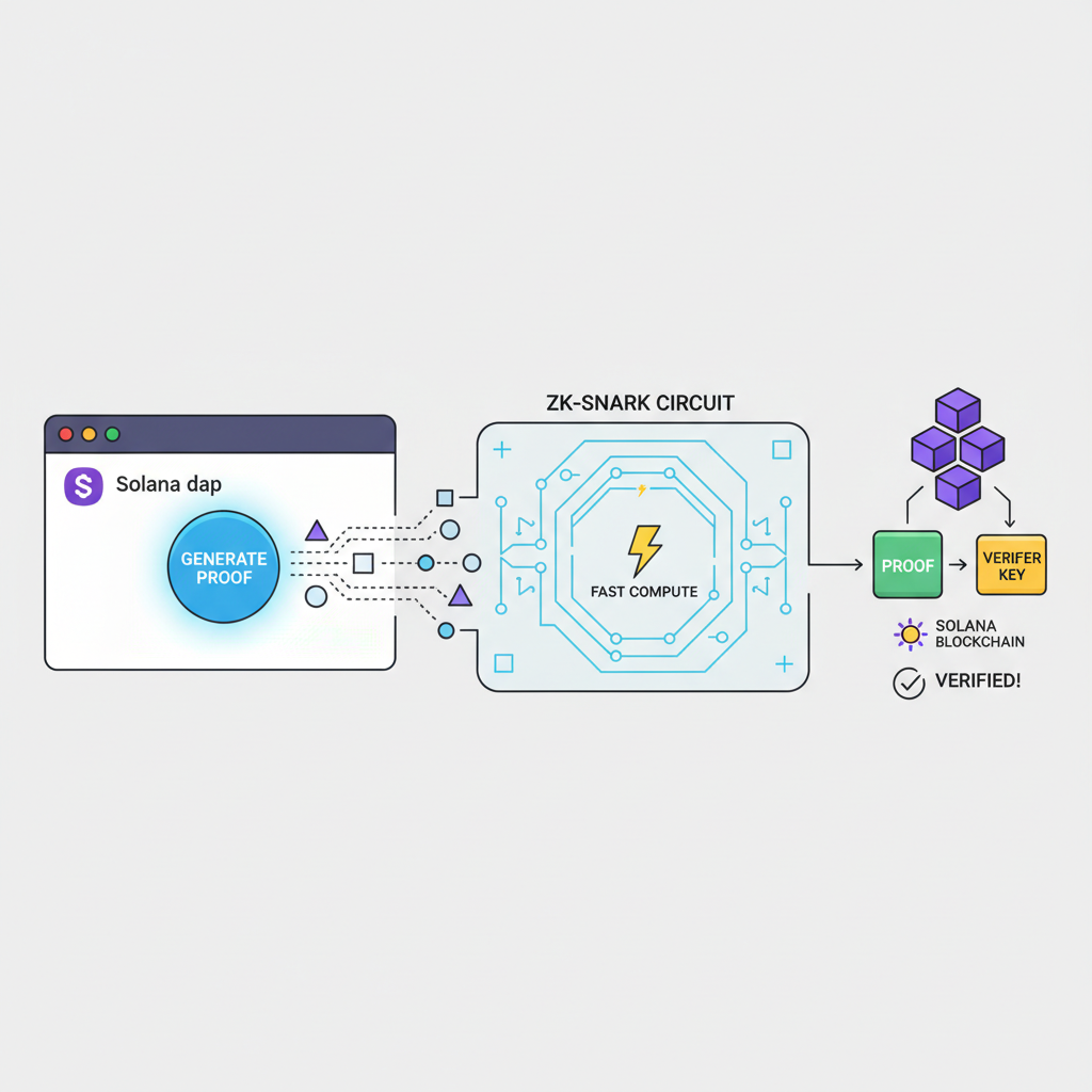 Browser generating zk-SNARK proof for Solana dApp, circuit diagram, fast compute