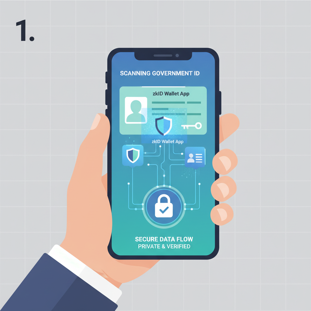 scanning government ID into zkID wallet app, holographic credential icons, secure data flow visualization