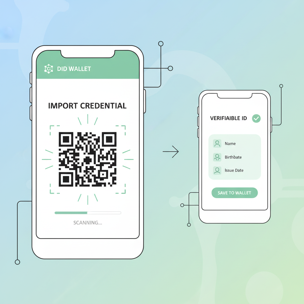 DID wallet interface importing verifiable credential QR code scan, clean modern design
