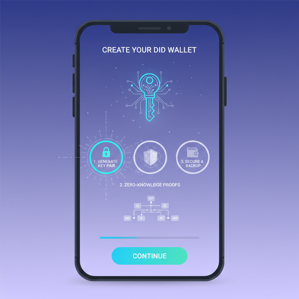 smartphone app interface showing DID wallet creation screen, glowing identity key icon, modern gradient design, zero-knowledge proofs visualization