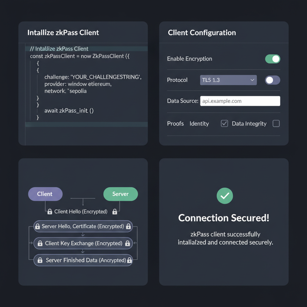 code editor with zkPass client initialization script, config panel, encrypted TLS handshake visualization