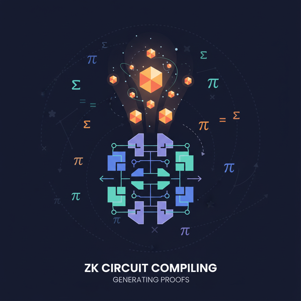 ZK circuit compiling with glowing proofs emerging, mathematical symbols floating