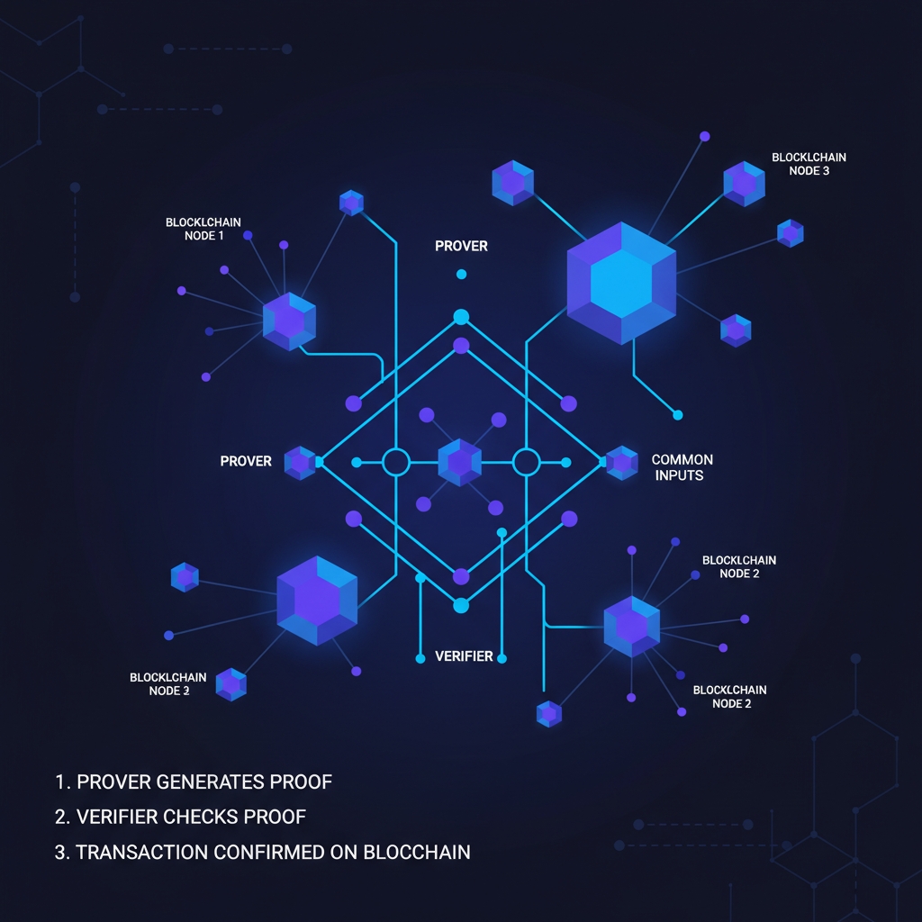 futuristic zk-SNARK circuit diagram glowing blue, blockchain nodes connecting, high-tech abstract