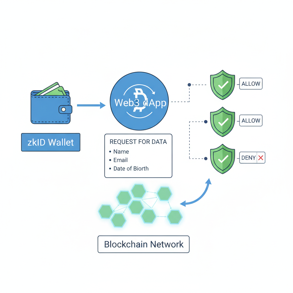 zkID wallet connected to Web3 dApp, selective disclosure flow, privacy shield icons, blockchain network visualization