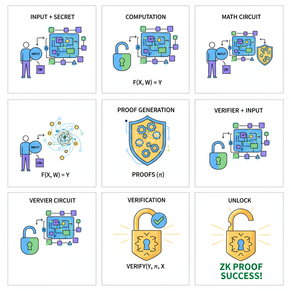 generating ZK proof animation, math circuits and locks opening, abstract crypto proof visual
