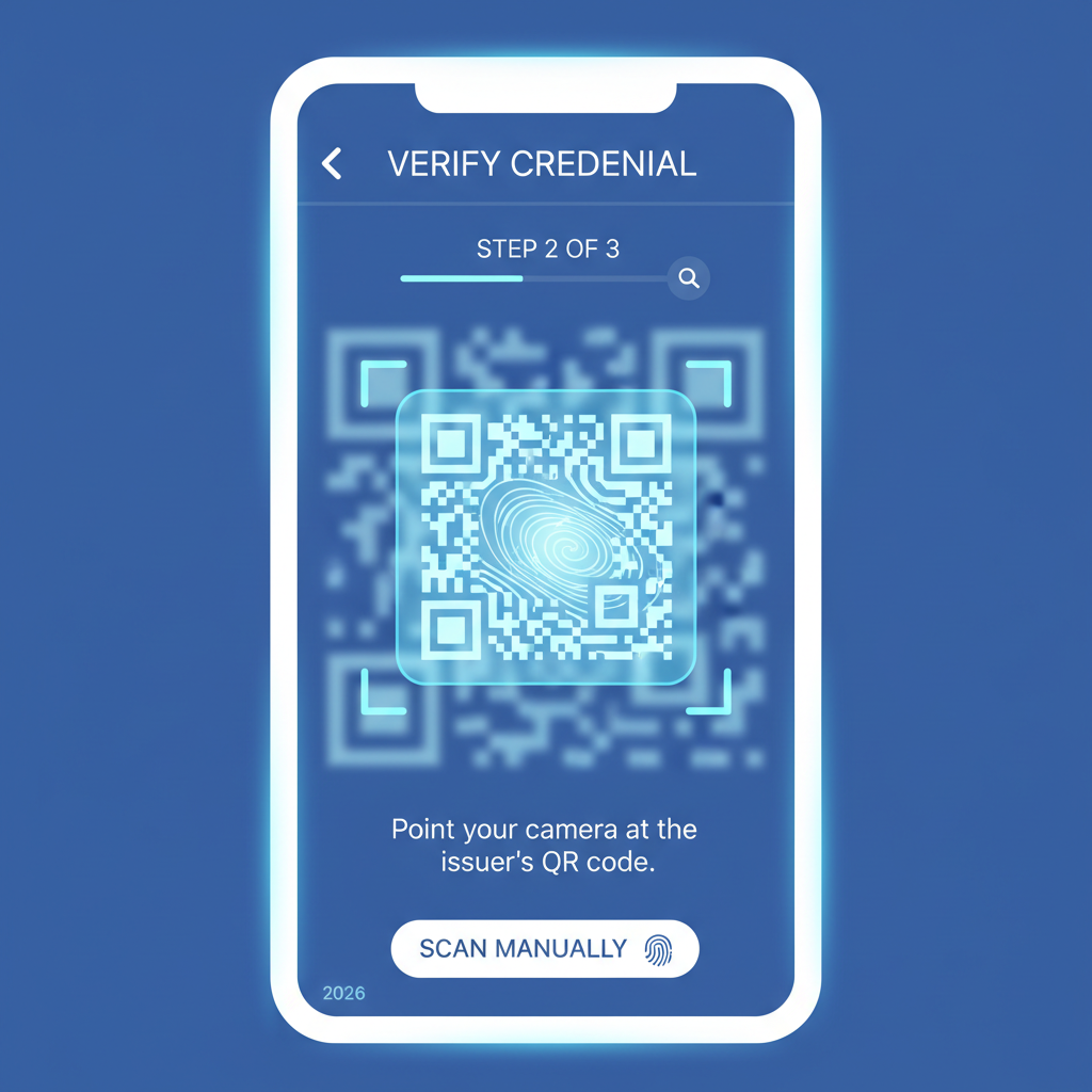 mobile app screen scanning QR code for credential issuer, holographic QR overlay, professional blue tones, 2026 tech aesthetic